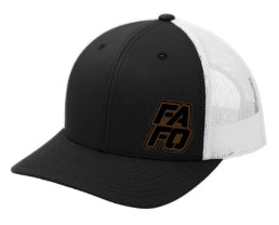 FAFO TRUCKER CAP W/ STACKED LEATHER PATCH LOGO (BLACK W/ WHITE MESH)