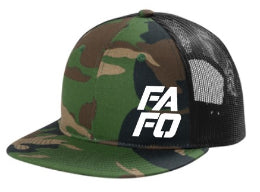 FAFO TRUCKER CAP W/ STACKED STITCHED WHITE LOGO (URBAN CAMO W/ BLACK MESH)