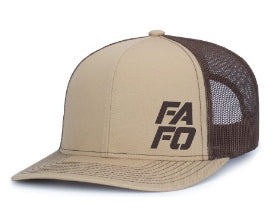 FAFO TRUCKER CAP W/ STACKED STITCHED LOGO (KHAKI W/ BROWN MESH)