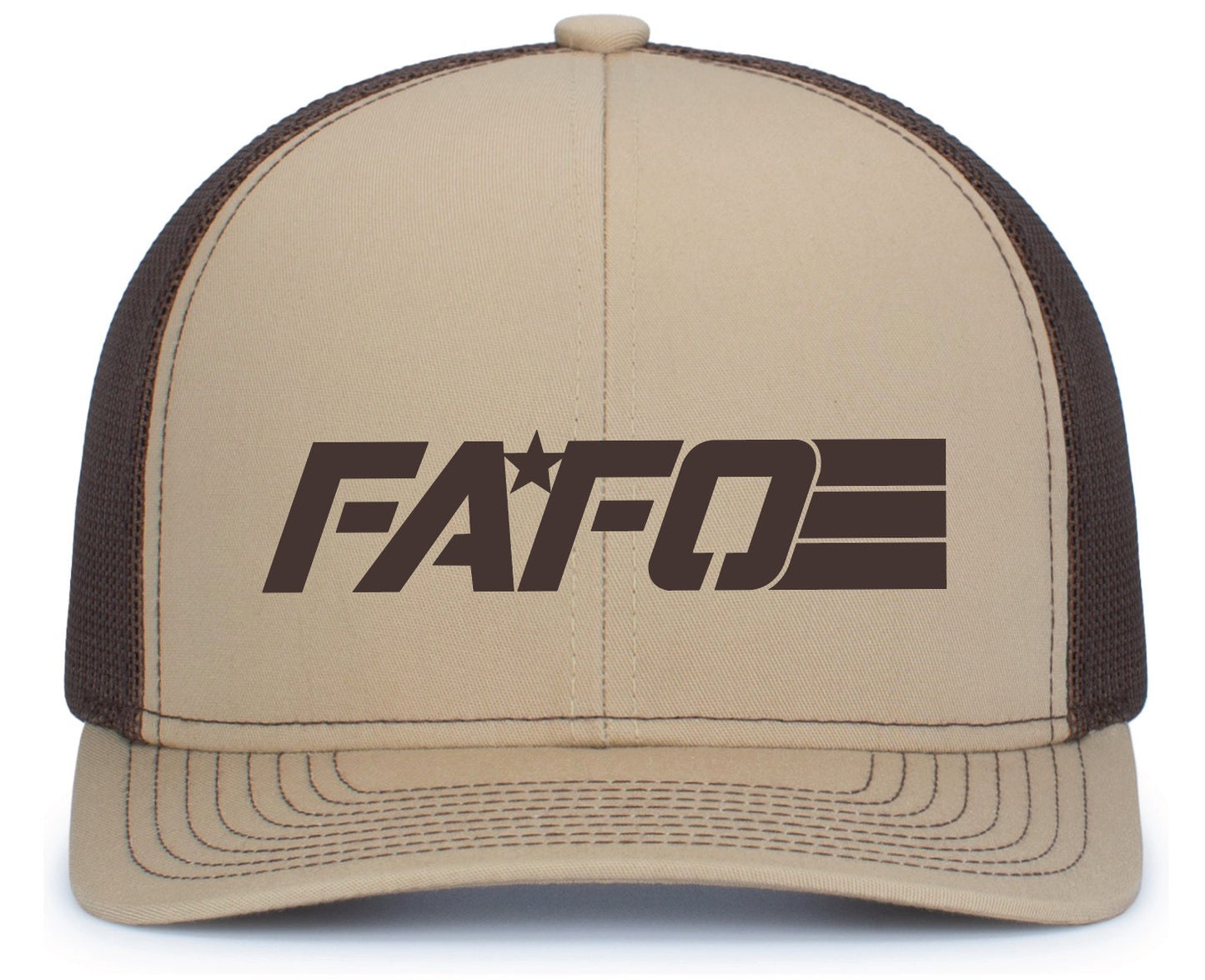 FAFO TRUCKER HAT - STRAIGHT LOGO (KHAKI W/ BROWN LOGO & MESH)