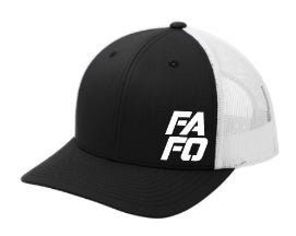 FAFO TRUCKER CAP W/ STACKED & STITCHED LOGO (BLACK W/ WHITE MESH)