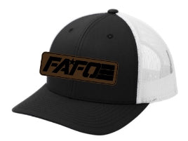 FAFO TRUCKER CAP W/ FULL LEATHER PATCH LOGO (BLACK W/ WHITE MESH) (Copy)