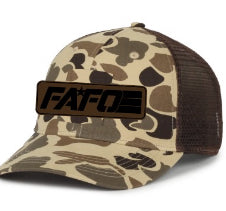 FAFO TRUCKER CAP W/ FULL LEATHER PATCH LOGO (DUCK CAMO / CANYON)