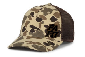 FAFO TRUCKER CAP W/ STACKED LEATHER PATCH LOGO (DUCK CAMO / CANYON) (Copy)