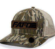 FAFO TRUCKER CAP W/ FULL LEATHER PATCH LOGO (DUCK CAMO / BOTTOMLAND KHAKI MESH))