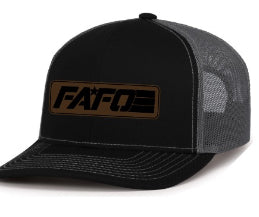 FAFO TRUCKER CAP W/ FULL LEATHER PATCH LOGO (BLACK W/ GREY MESH)