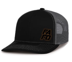 FAFO TRUCKER CAP W/ STACKED LEATHER PATCH LOGO (BLACK W/ GREY MESH)