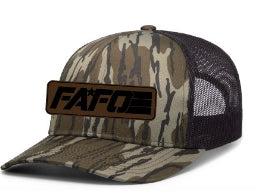 FAFO TRUCKER CAP W/ FULL LEATHER PATCH LOGO (DUCK CAMO / OG BOTTOMLAND)