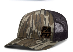 FAFO TRUCKER CAP W/ STACKED LEATHER PATCH LOGO (DUCK CAMO / OG BOTTOMLAND)